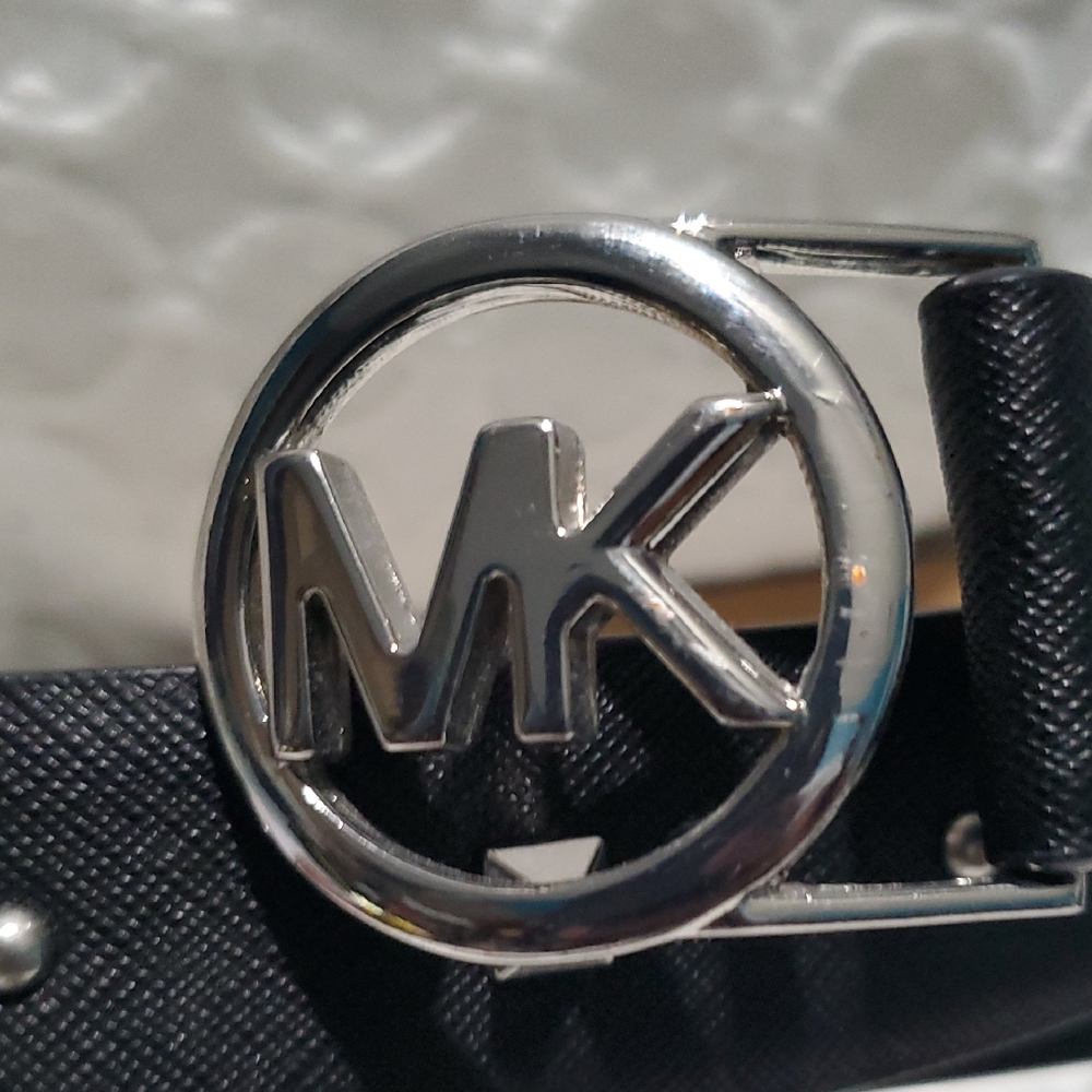 Michael Kors Black Leather Belt with Silver MK Buckle
